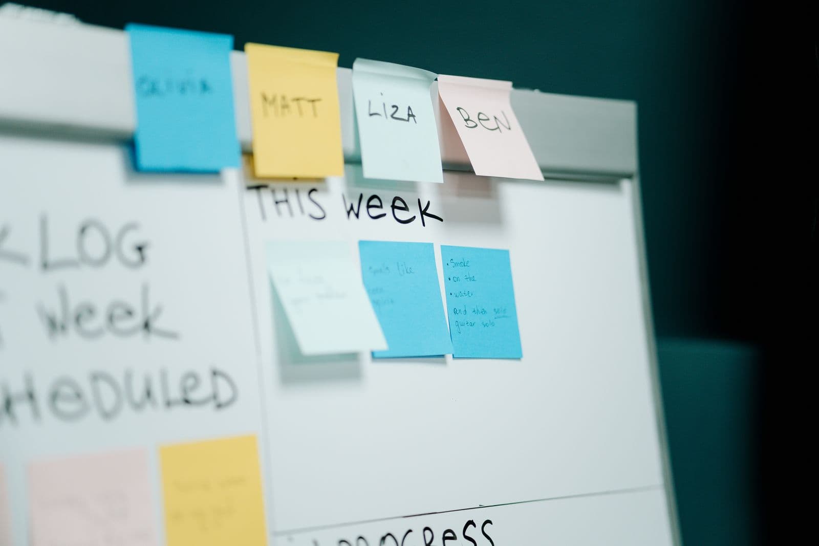 Whiteboard with sticky notes in columns: backlog and this week's tasks